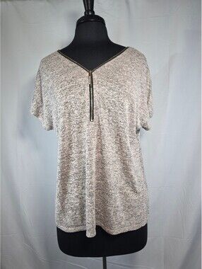 Lavish 1X Gray Black Marled Zip Front Short Sleeve Top